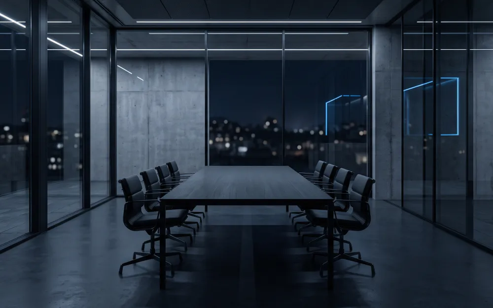 Une salle de réunion vide, de nuit, vitrée sur la ville.